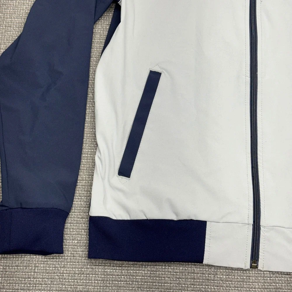TravisMathew Mens Full Zip Track Jacket‎ Navy Grey Striped Performance Size M